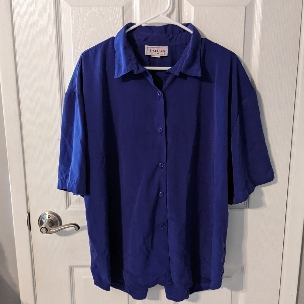 Vintage 80s Cabrais Plus Purple Button-Up Short Sleeve‎ Top Size 20W